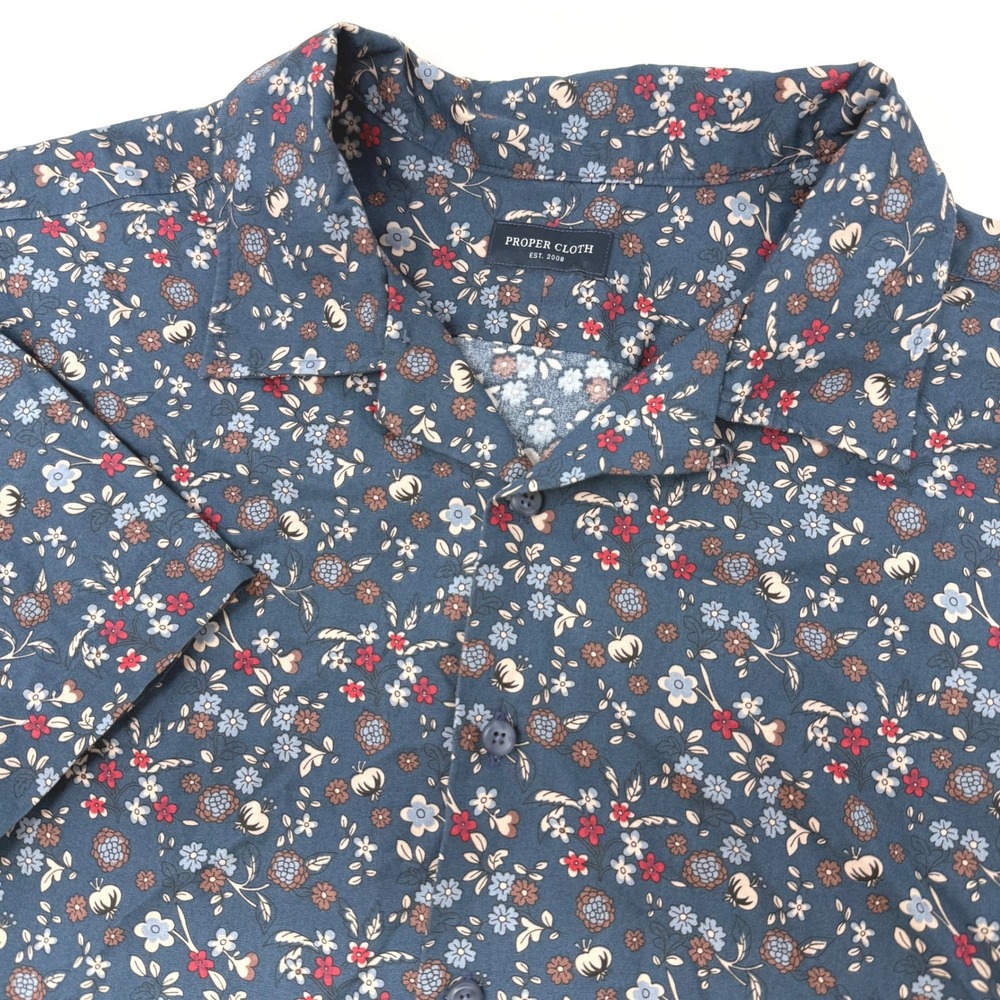 Proper Cloth Mens XXL Slate Blue Red Brown Floral‎ Aloha Camp Shirt Cotton